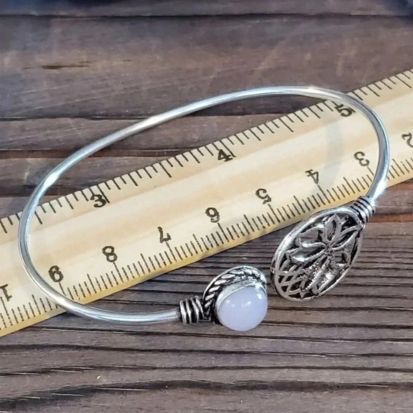 Handcrafted Opalite Gemstone Lotus Circle Sterling Silver Overlay Cuff Bracelet - Picture 7 of 7
